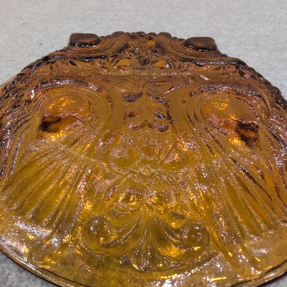 Vintage Amber Glass Divided Relish Dish Peacock Eye Pattern Tab Handle Serving - Picture 8 of 8